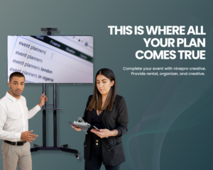 Tim event organizer Nine Pro Creative merencanakan acara dengan TV display, layanan sewa alat event, EO, dan kreatif